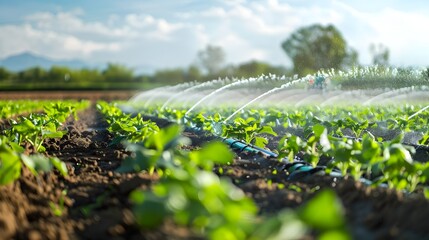 Sprinklers Irrigating Green Crops in the Field, To showcase the beauty and importance of modern agriculture and irrigation technology in crop growth - obrazy, fototapety, plakaty
