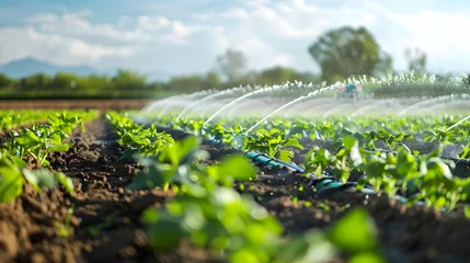 Fotobehang Sprinklers Irrigating Green Crops in the Field, To showcase the beauty and importance of modern agriculture and irrigation technology in crop growth © pkproject