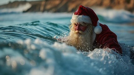 scene of Santa Claus surfing on blue ocean waves in Christmas holidays. Created with Generative AI.