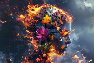 Digital artwork illustration of a shattered human form being engulfed by flames, with vibrant flowers blooming from within, representing the resilience of the human spirit in the face of adversity - obrazy, fototapety, plakaty