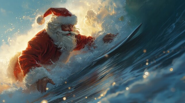 scene of Santa Claus surfing on blue ocean waves in Christmas holidays. Created with Generative AI. © lchumpitaz