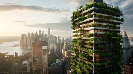 Sustainable Tree Growing on City Building Rooftop, To promote the benefits of sustainable and eco-friendly building design in urban environments - obrazy, fototapety, plakaty