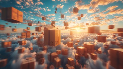 Online shipping and delivery service concept with cardboard boxes flying in blue sky. Created with generative AI.