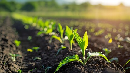 New Plants Sprouting in a Field of Dirt, To showcase the beauty and potential of new plant growth in agriculture and farming, emphasizing sustainable