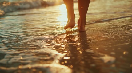 Craft a close-up image capturing the freedom and relaxation of a woman's feet walking barefoot on a sandy beach in sea water.   - obrazy, fototapety, plakaty