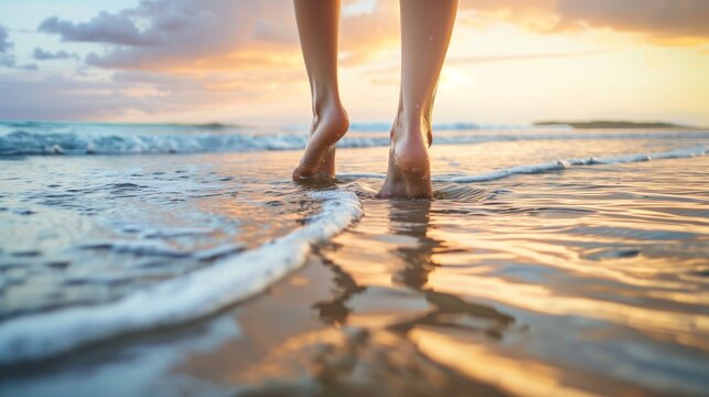 Craft a close-up image capturing the freedom and relaxation of a woman's feet walking barefoot on a sandy beach in sea water.  