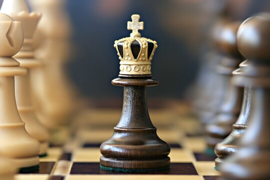 A close-up of a chess piece with a crown on it, placed on a chessboard