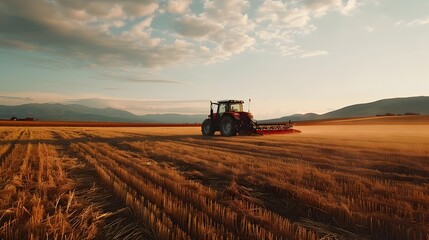 Fototapeta premium Farmer Driving Tractor in Wheat Field at Golden Hour, To showcase the beauty and hard work of farming during the golden hour