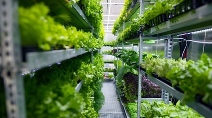 Indoor Hydroponic Greenhouse with Rows of Lettuce Plants, To showcase the innovative and efficient methods of urban farming and technology in food
