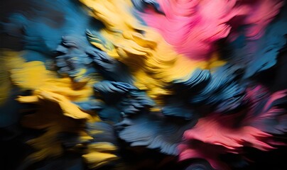 An abstract blur of blue, yellow, and pink colors with a grainy texture on a black background, generative AI