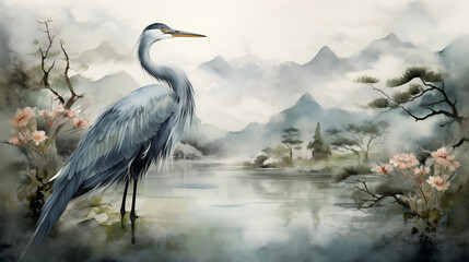 Watercolor painting of a crane in a natural forest with a fairytale atmosphere.