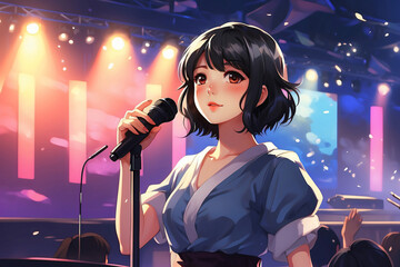 girl singing against the background of a concert stage