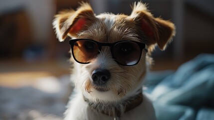 cute small and young dog with modern glasses. Created with generative AI.