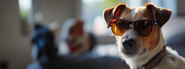 cute small and young dog with modern glasses. Created with generative AI.
