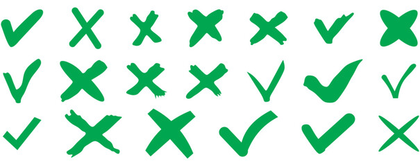 Hand drawn grunge Green checkmark cross sign. Doodle check marks answers in test, confirmation, negation icons. Checklist marks template, voting set. Vector isolated on white Background - obrazy, fototapety, plakaty