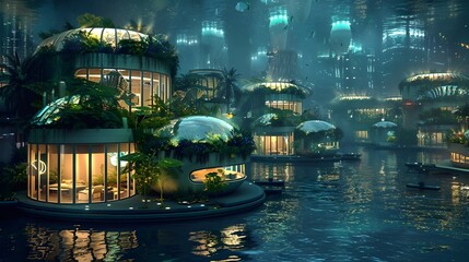 Fototapeta na wymiar Futuristic Underwater City with Bioluminescent Plants, To showcase a futuristic and sustainable underwater city that combines technology and nature,