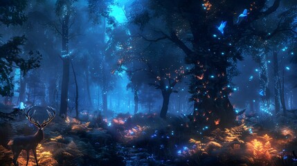 Fototapeta na wymiar Forest with Deer and Fireflies in CryEngine Style, To showcase the beauty and mystique of a forest scene with deer and fireflies, rendered in the