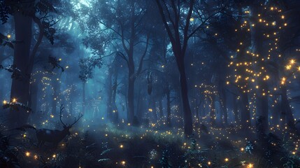 Fototapeta na wymiar Fireflies Illuminating a Dreamlike Forest at Night, This image would make a beautiful wallpaper or background for a desktop or mobile device, and