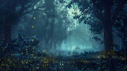 Fototapeta premium Fireflies Illuminating the Night Forest, To evoke a sense of peace, tranquility, and wonder in the viewer, and to showcase the beauty and magic of