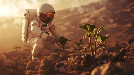 Astronaut Planting Seed on Mars, To showcase the hope and determination of humanity in exploring and colonizing other planets, and the important role - obrazy, fototapety, plakaty