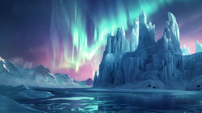 Vibrant Northern Lights Illustration Over Icy Landscape, To provide a visually stunning and unique piece of art that showcases the beauty of the