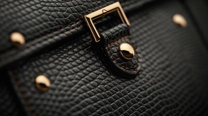 Black luxury leather purse close-up, emphasizing clean design and sophistication. Leather texture details. - obrazy, fototapety, plakaty