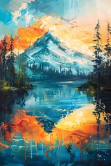 vibrant vertical landscape, mountain with pine tree and lake, artwork for Wall art and decoration
