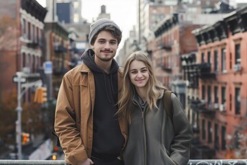 A young man and woman are standing on a bridge in a city, smiling for the camera