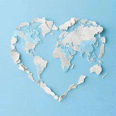 A world map in the shape of heart against light blue background. 