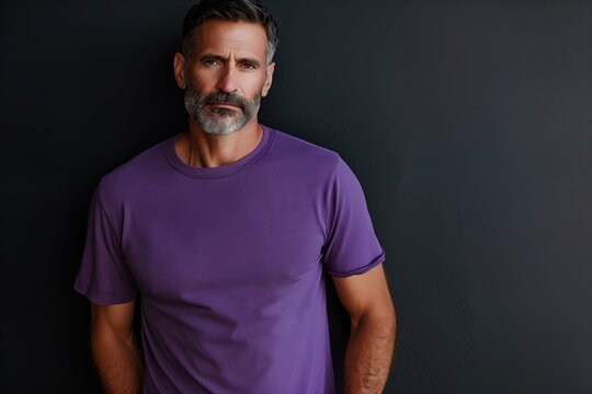 A man in a purple shirt stands in front of a black wall
