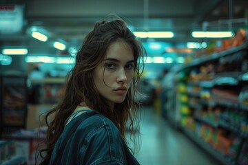 A woman with long hair stands in a store aisle