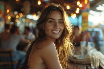 Obraz premium A woman with long hair is smiling at the camera