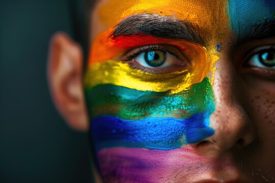 A man with rainbow painted on his face
