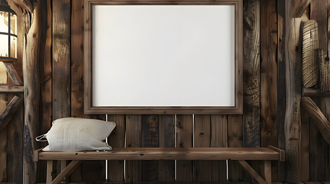 a large empty wooden picture frame in landscape position on a rustic wooden cabin wall. The empty picture frame is 4:3 ratio. The wooden cabin is modern and has dark, natural colours.