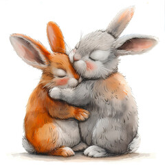 Cute watercolour drawing, bunnies hugging each other, cute character isolated on white background, concept of love and friendship