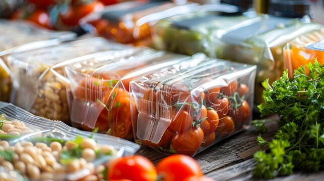 Tilt-Shift Photography of Fresh Food in Plastic Bags, To convey the message of fresh and healthy food, and the convenience of pre-packaged produce,