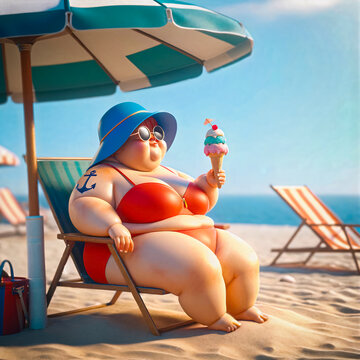 obese woman in bikini eating an ice cream on a deckchair on the beach- vacation, summer holiday, relaxing concept