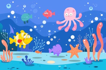 Fototapeta na wymiar Underwater Scene With Octopus, Fish, and Starfish
