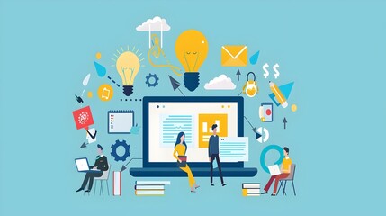 People Collaborating on Laptop in Flat Illustration Style, To convey the idea of modern technology and design in a business or study context,