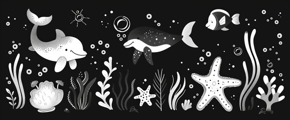 Marine Life Scene Drawing in Black and White