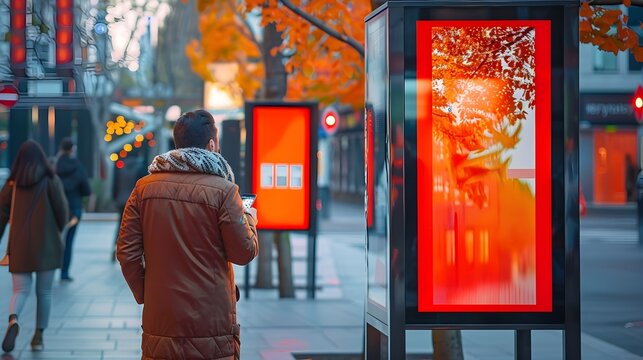 Woman Walking Past Red Advertising Booths in Amber Light, To convey a sense of urban energy, modernity, and vibrancy through a unique and interactive