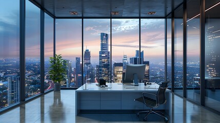 Modern Office with Panoramic City Skyline View at Twilight, To convey a sense of sophistication, innovation, and productivity in a modern office