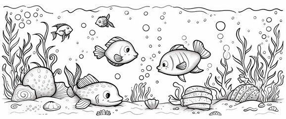 Fototapeta premium Pencil Drawing of Fish and Marine Life