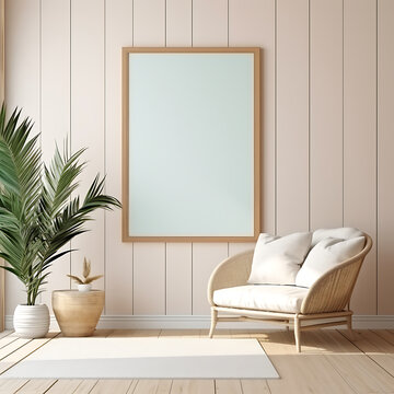 Mockup frame close up in coastal interior background, room in light pastel colors. AI generated