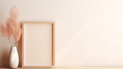 Mockup frame close up in coastal interior background, room in light pastel colors. AI generated