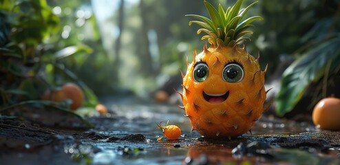 Cute happy smiling pineapple character. Created with Generative AI.