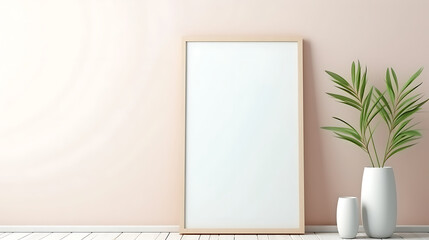 Mockup frame close up in coastal interior background, room in light pastel colors. AI generated
