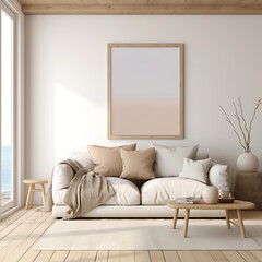 Mockup frame close up in coastal interior background, room in light pastel colors. AI generated