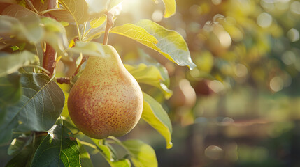 pear grows on a tree in the harvest garden on a sunny day, generative Ai