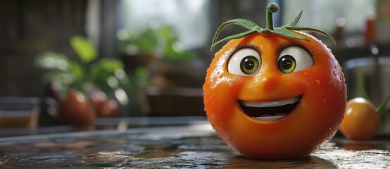 Cartoon mascot tomato smiling. Created with generative AI.